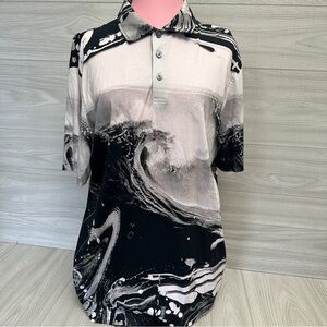 Bugatchi Shirt Mens Extra Large Short SLeeve Polo All Over Hawaiian Print Waves